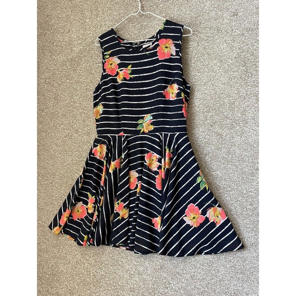 Maison Jules Navy Striped Floral Sleeveless Midi Dress Size Large